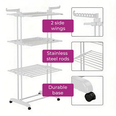 Neo White 4 Tier Clothes Horse Drying Rack Folding Side Wings Rail ...