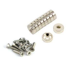 Neodymium Countersunk Magnets & Screws Pack for Furniture Fixings, Hanging Artwork, and Keeping Draws Closed - 12mm Dia - South