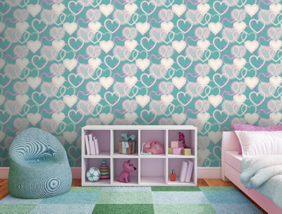 Neon Heart Purple& Teal Wallpaper E100237AH