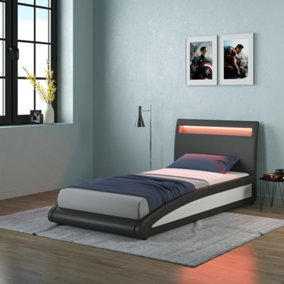 NEPTUNE LED LIGHTS HEADBOARD GAMING STYLE BLACK FAUX LEATHER BED FRAME - Single, Small Double, Double
