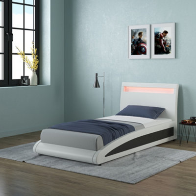 Neptune LED Lights Headboard Gaming Style White Faux Leather Bed Frame - Single, Small Double, Double