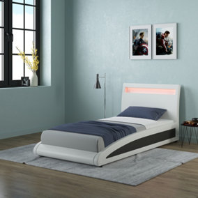 NEPTUNE LED LIGHTS HEADBOARD GAMING STYLE WHITE FAUX LEATHER BED FRAME - Single, Small Double, Double