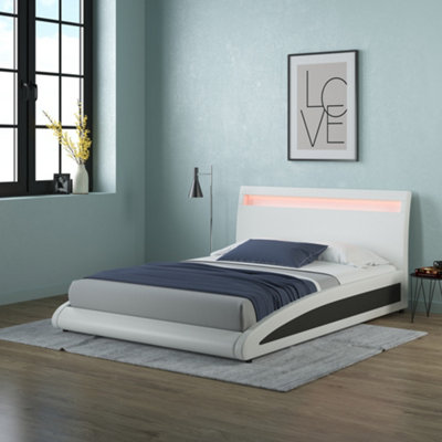 Neptune LED Lights Headboard Gaming Style White Faux Leather Bed Frame - Single, Small Double, Double