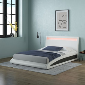 NEPTUNE LED LIGHTS HEADBOARD GAMING STYLE WHITE FAUX LEATHER BED FRAME - Single, Small Double, Double