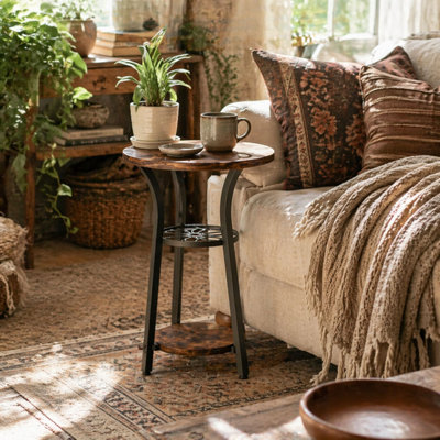 Neri Round 3-Tier Side Table in Rustic Brown and Black with Floral Patterned Shelf