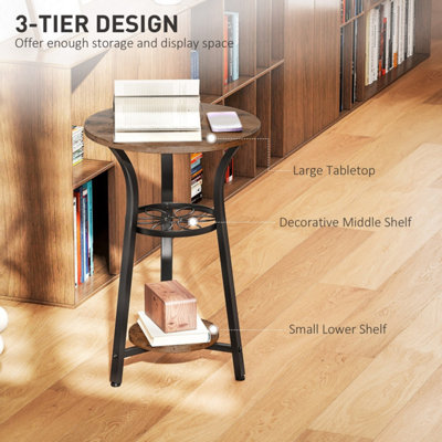 Neri Round 3-Tier Side Table in Rustic Brown and Black with Floral Patterned Shelf