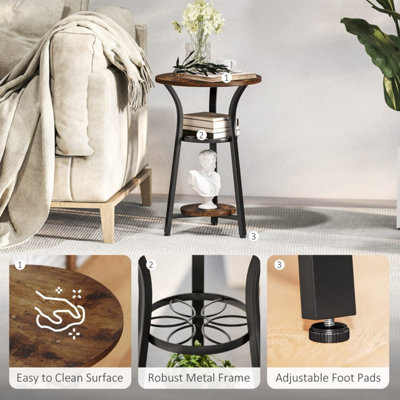 Neri Round 3-Tier Side Table in Rustic Brown and Black with Floral Patterned Shelf
