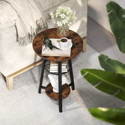 Neri Round 3-Tier Side Table in Rustic Brown and Black with Floral Patterned Shelf