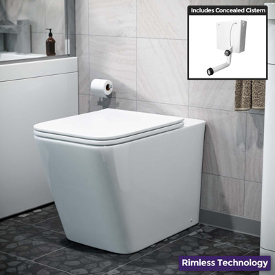 Nes Hom Back To Wall Rimless WC Toilet Pan & Soft Close Seat + Concealed Cistern