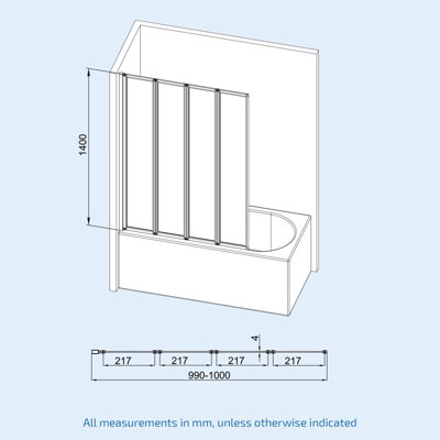 Nes Home 1000 x 1400 mm 4 Fold Door Bath Shower Screen Black Frame - 9