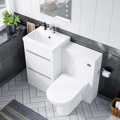 Nes Home 1000mm Floor Standing Vanity 2 Drawer Gloss White With Back To Wall WC Toilet