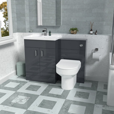 Nes Home 1100mm Dark Grey Vanity Basin Cabinet, WC Unit & Back To Wall Toilet