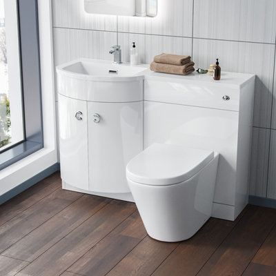 Nes Home 1100mm Left Hand White Basin Vanity Flat Pack WC Unit, Modern BTW Toilet  Dene Flat Packed