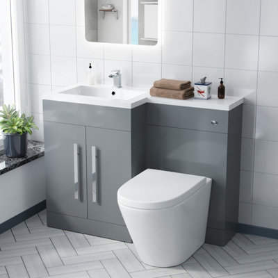 Nes Home 1100mm LH Basin Vanity Cabinet & BTW Curved Toilet Light Grey ...