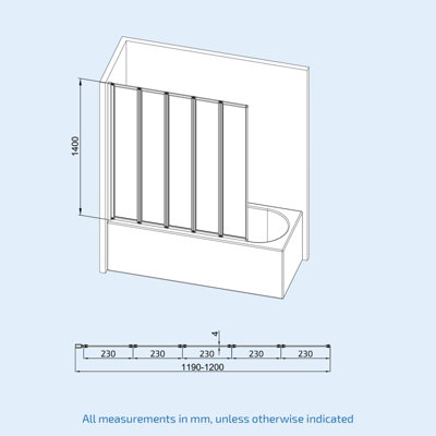 Nes Home 1200 x 1400mm 5 Folding Over Bath Shower Screen Collapsing ...