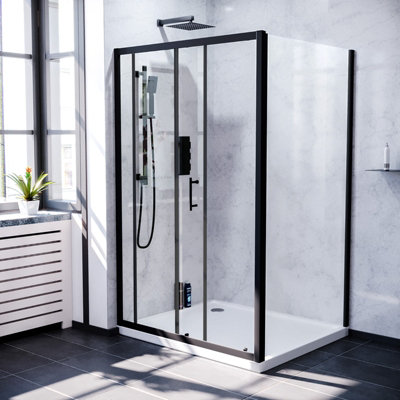 Nes Home 1200mm Shower Sliding Door 700mm Frameless Glass Side Panel Screen Matte Black - 5