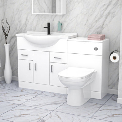 Nes Home 1350mm Floor Standing White Cabinet, WC Unit & BTW Toilet