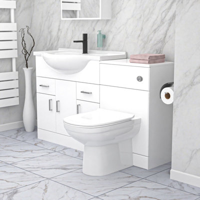 Nes Home 1350mm Floor Standing White Cabinet, WC Unit & BTW Toilet