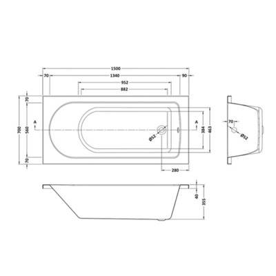 Nes Home 1500mm Standard White Round Single Ended Bath Acrylic - 3