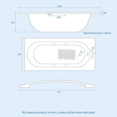 Nes Home 1600 x 700mm 2TH Steel Enamel Bath with Chrome Handles & Anti Slip Base