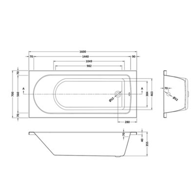 Nes Home 1600mm Standard White Round Single Ended Bath Acrylic - 3