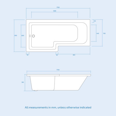 Nes Home 1700 x 850mm Acrylic Square Left Hand L Shaped Shower Bath - 3