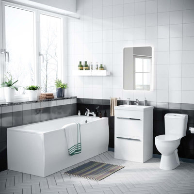 Nes Home 1000mm Freestanding Basin Vanity & Back To Wall Toilet Set - White Gloss, 2 Drawers, Ceramic WC