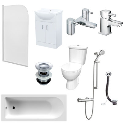 Nes Home 1700mm Bathtub with Screen Close Coupled Toilet Basin Vanity ...