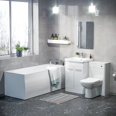 Nes Home 3-Piece High Gloss White Bathroom Suite 600mm Vanity, WC, BTW Toilet & Bath