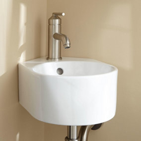 Nes Home 300 X 435mm Bathroom Wall Hung Cloakroom Ceramic Compact Corner Basin Sink And Fittings