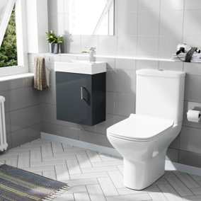 Nes Home 400mm Cloakroom Wall Hung Basin Vanity Unit & Rimless Close Coupled Toilet Dark Grey