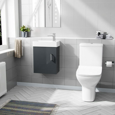 Nes Home 400mm Cloakroom Wall Hung Basin Vanity Unit & Rimless Close Coupled Toilet Dark Grey