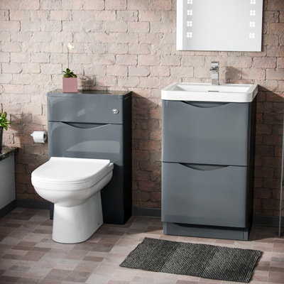 Nes Home 500mm 2 Drawer Vanity Basin Unit, WC Unit & Elso Back to Wall Toilet Grey