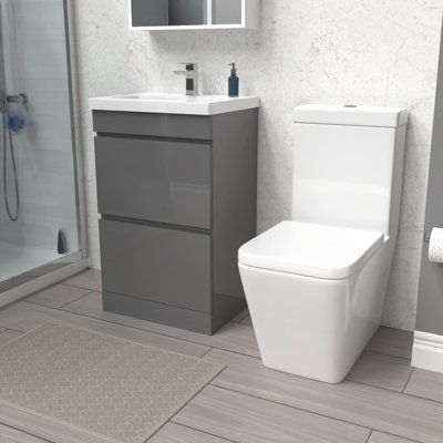 Nes Home 500mm 2 Drawers Steel Grey Basin Vanity Unit & Close Coupled Toilet