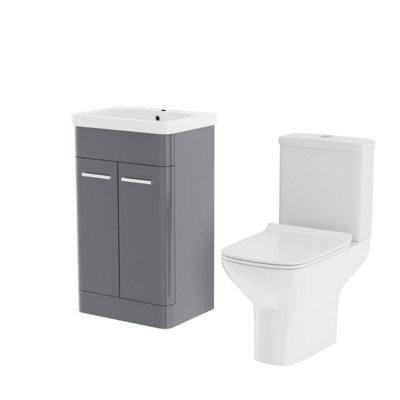 Nes Home 500mm Floorstanding Vanity Basin Unit & Rimless Close Coupled Toilet Steel Grey - 6
