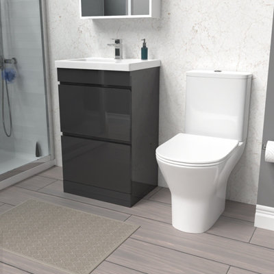 Nes Home 500mm Gloss Anthracite 2 Drawers Basin Vanity & Close Coupled Toilet