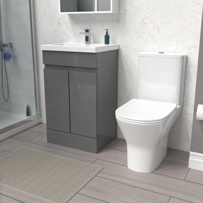 Nes Home 500mm Gloss Steel Grey Basin Vanity & Close Coupled Toilet Set
