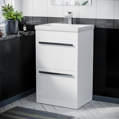 Nes Home 500mm Gloss White 2 Drawer Basin Vanity Cabinet Floor Standing Ceramic Sink