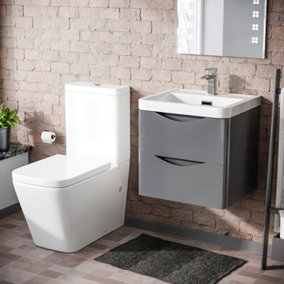 Nes Home 500mm Wall Hung Vanity Basin Unit & Square Rimless Close Coupled Toilet Steel Grey
