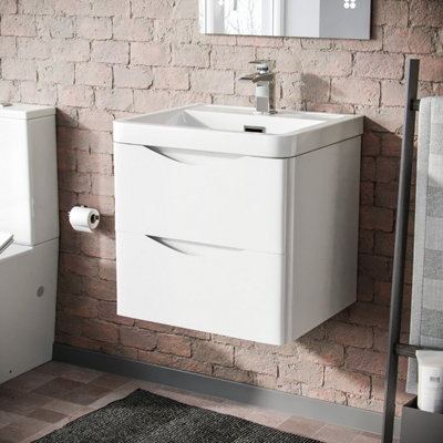 Nanuya 500mm Wall Hung Bathroom Vanity Unit - White Gloss, 2 Soft-Close Drawers, Ceramic Basin