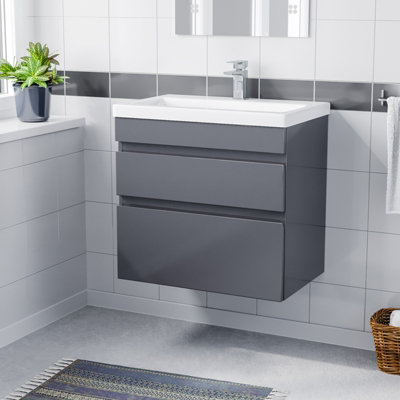 Nes Home 600mm 2 Drawers Handless Wall Hung Basin Vanity Cabinet Unit Steel Grey Price Comparisons | Compare The Build