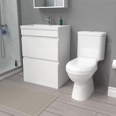 Nes Home 600mm 2 Drawers White Basin Vanity Unit & Close Coupled Toilet