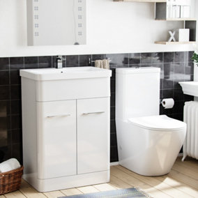 Nes Home 600mm Basin Vanity Unit & Close Coupled Toilet Bathroom Suite White