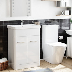 Nes Home 600mm Basin Vanity Unit & Rimless Close Coupled Toilet White