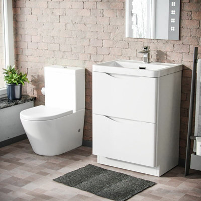 Nes Home 600mm Basin Vanity Unit & Rimless Close Coupled Toilet White