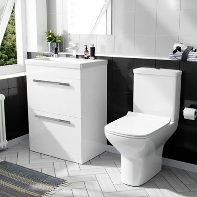 Nes Home 600mm Floorstanding 2 Drawer Vanity Basin Unit & Rimless Close Coupled Toilet White Price Comparisons | Compare The Build