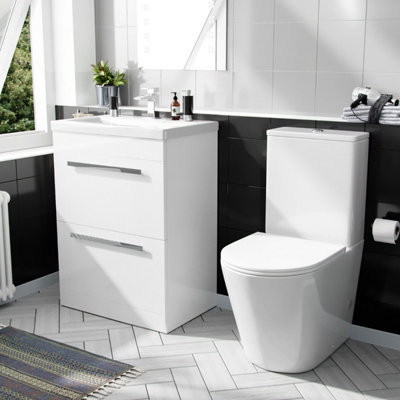 Nes Home 600mm Floorstanding 2 Drawer Vanity Basin Unit & Round Close Coupled Toilet White