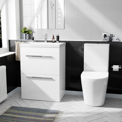 Nes Home 600mm Floorstanding 2 Drawer Vanity Basin Unit & Round Close Coupled Toilet White