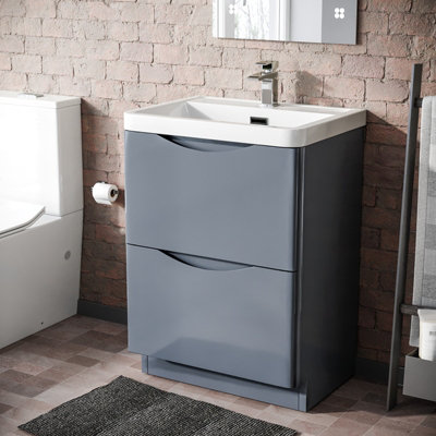 Nes Home 600mm Freestanding Bathroom Steel Grey Gloss Vanity Unit Basin ...