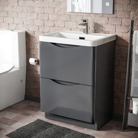 Nes Home 600mm Freestanding Bathroom Steel Grey Gloss Vanity Unit Basin